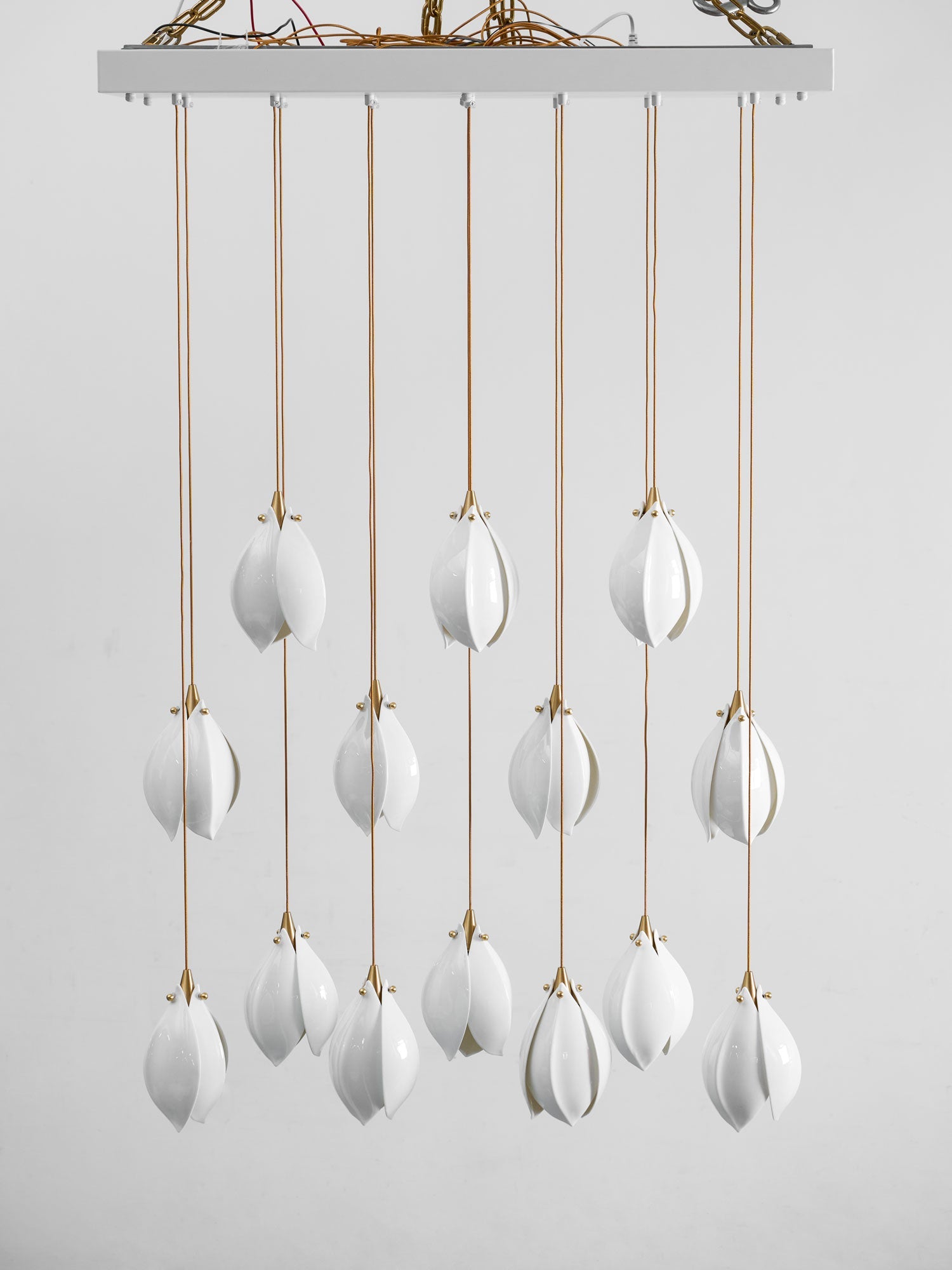 Pendant Light, Ceramic Flower Shades, Brass & White, G9 LED
