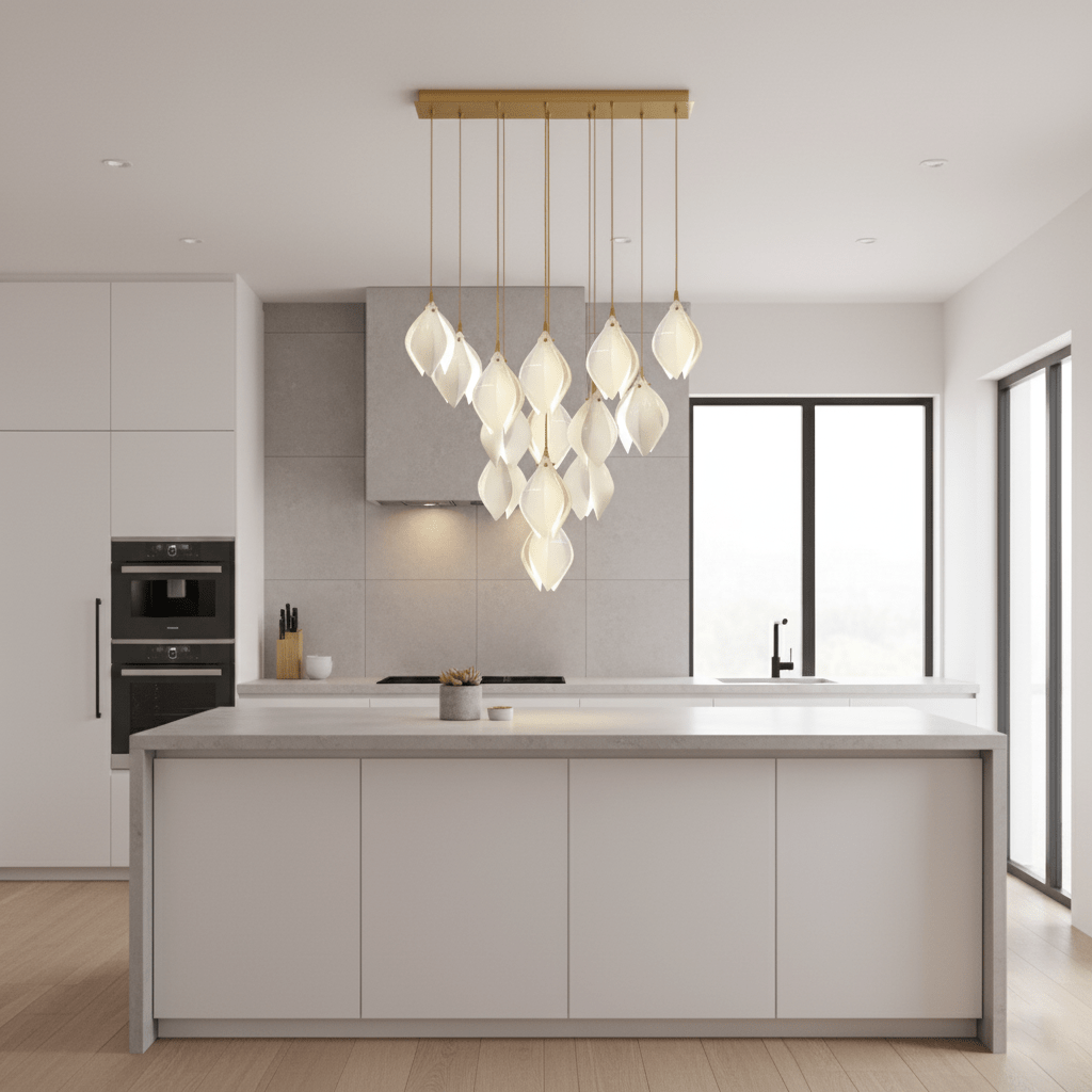Pendant Light, Ceramic Flower Shades, Brass & White, G9 LED