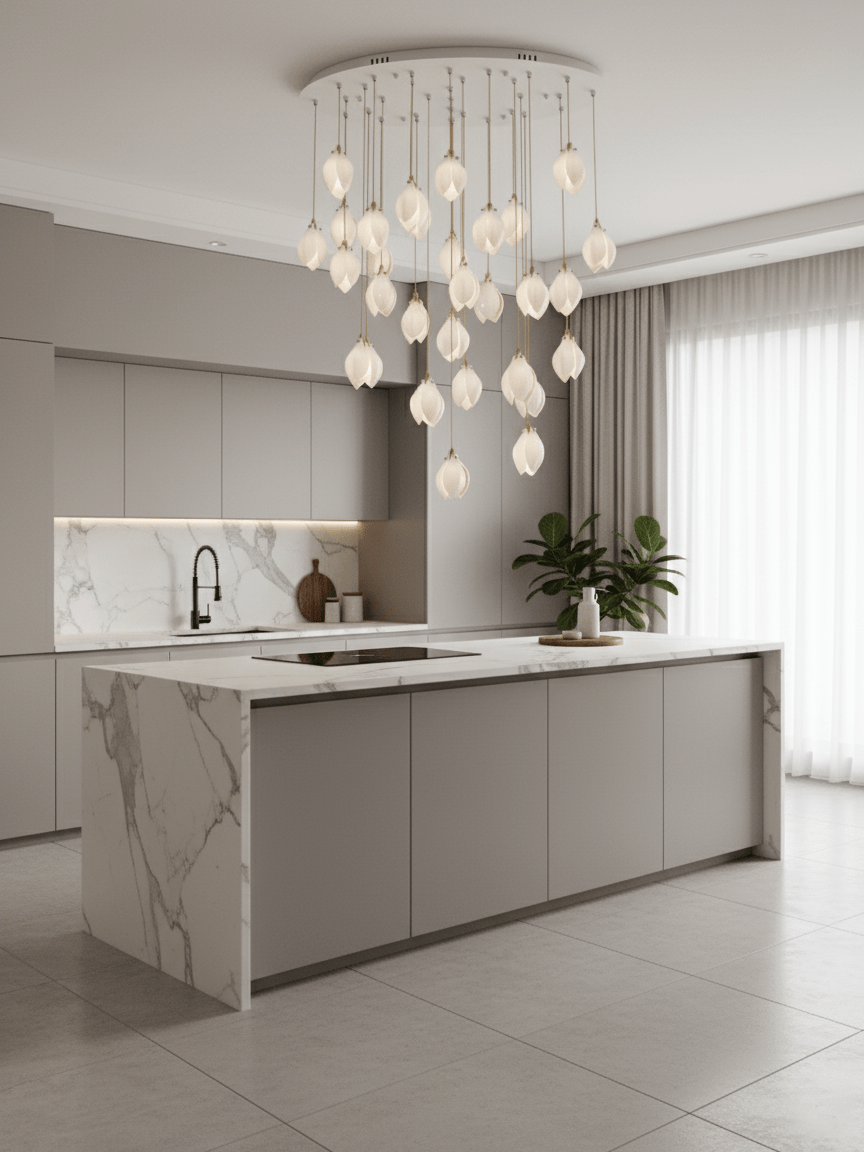 Pendant Light, Ceramic Flower Shades, Brass & White, G9 LED