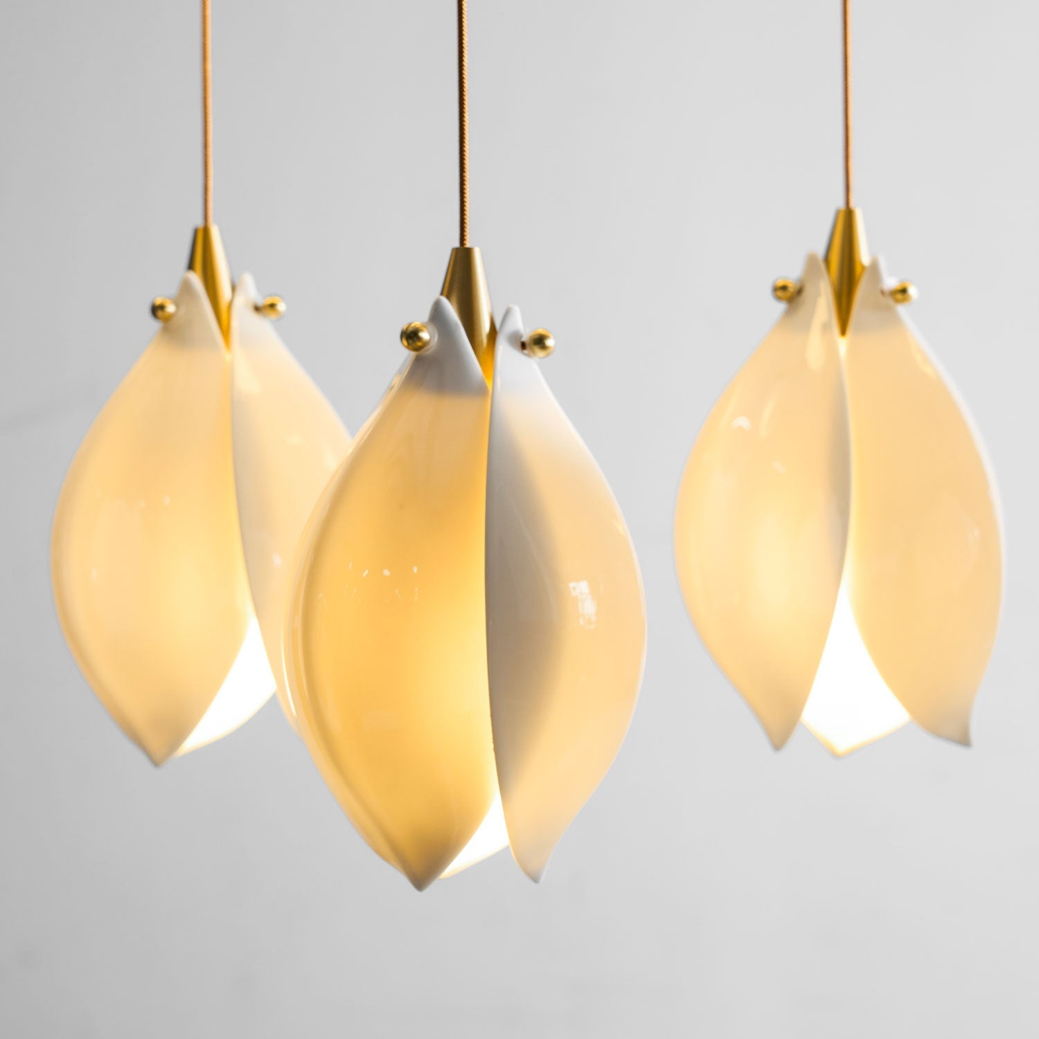 Pendant Light, Ceramic Flower Shades, Brass & White, G9 LED