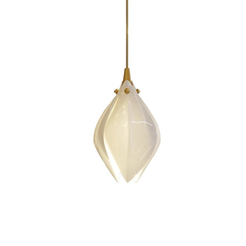 Ceramic flower pendant light cluster glowing with warm brass accents