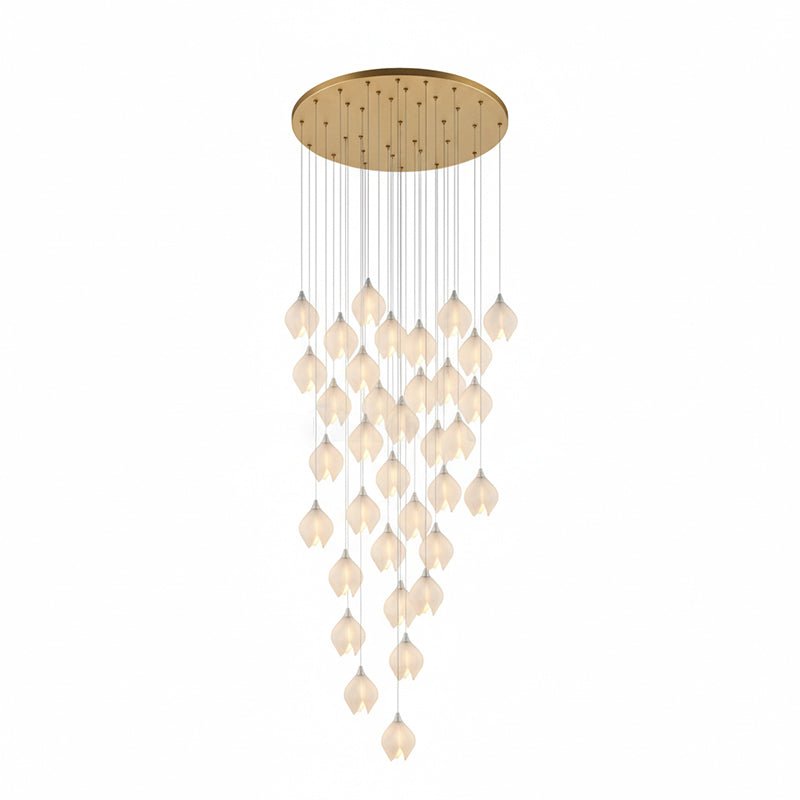 Brass ceramic flower pendant light with white petals in detail
