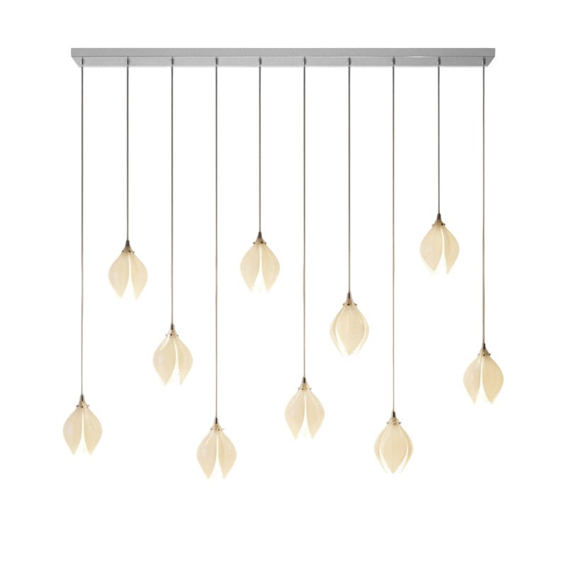 Ceramic flower pendant light with lit blooms and brass canopy