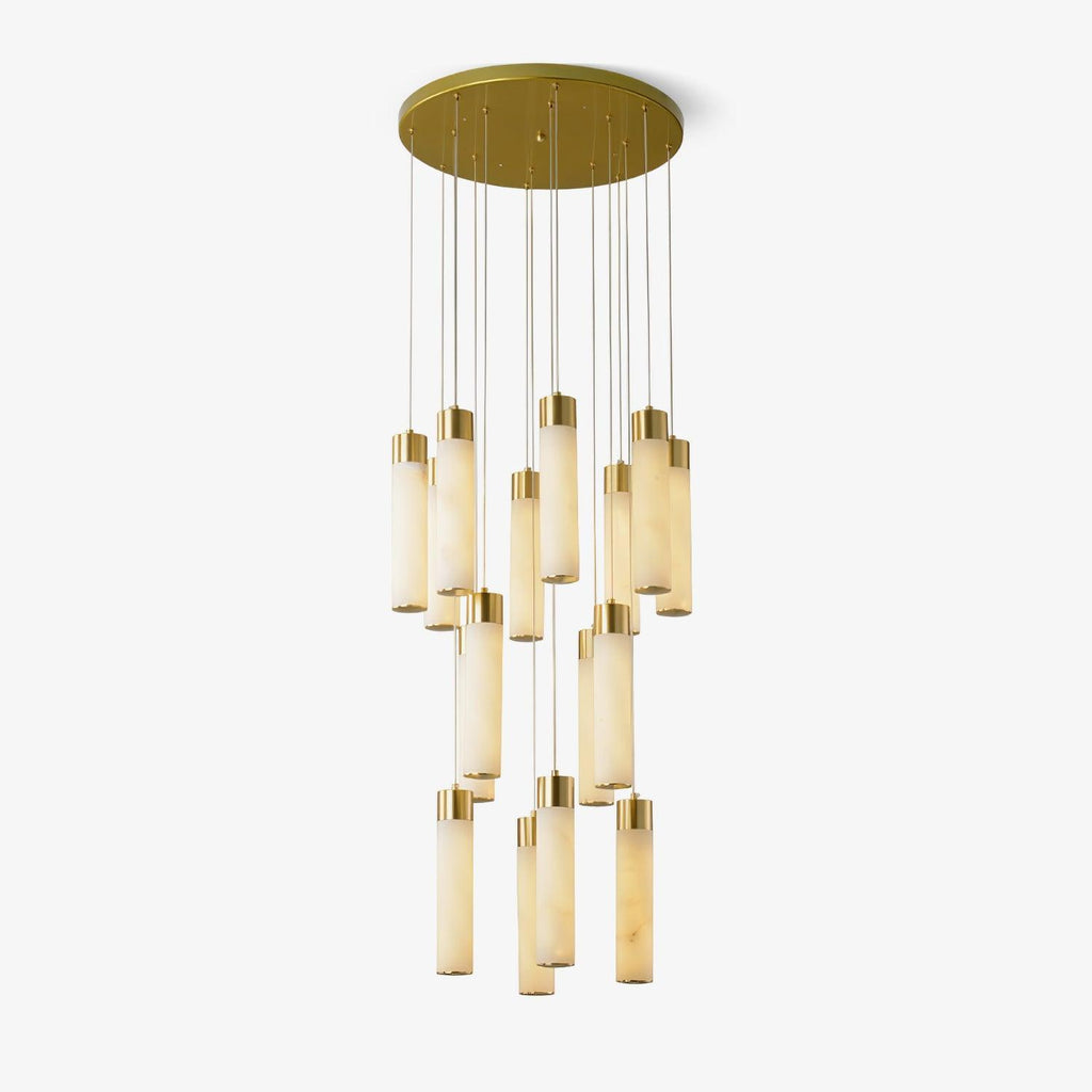 A fifteen-rod cluster on white, hung from a wide round brass ceiling plate.