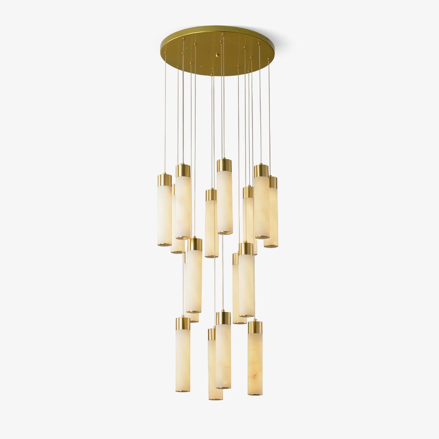 A fifteen-rod cluster on white, hung from a wide round brass ceiling plate.