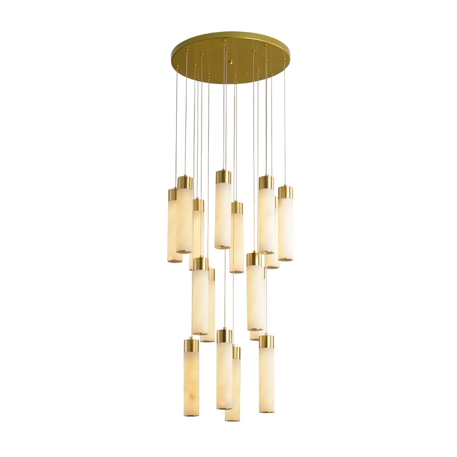 Aurelia chandelier cut out on white, the alabaster tubes lit to show their warm translucency.