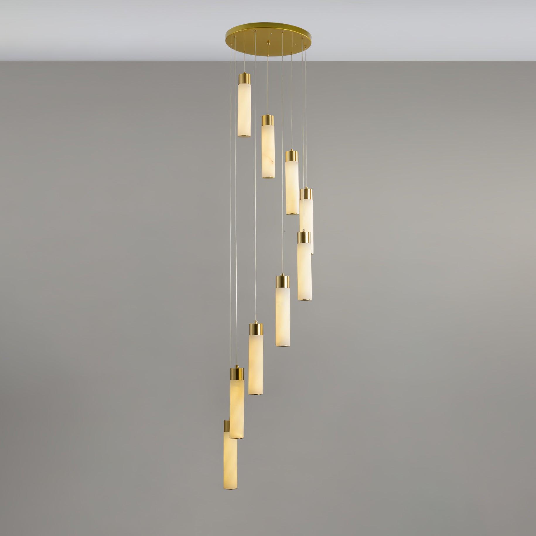 Long-drop Aurelia with nine alabaster tubes trailing well below the brass ceiling plate.