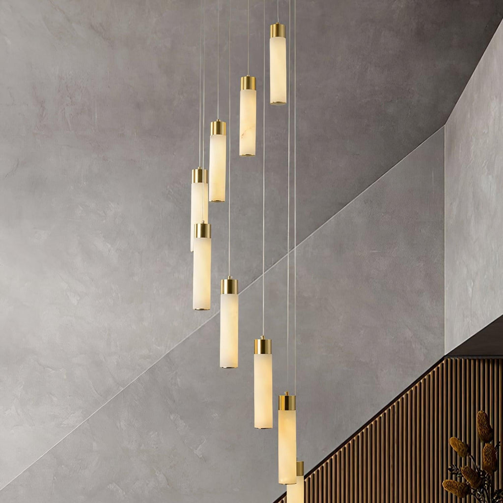 Closer view of the Aurelia spiral against a raw concrete stairwell wall and slatted timber panel.