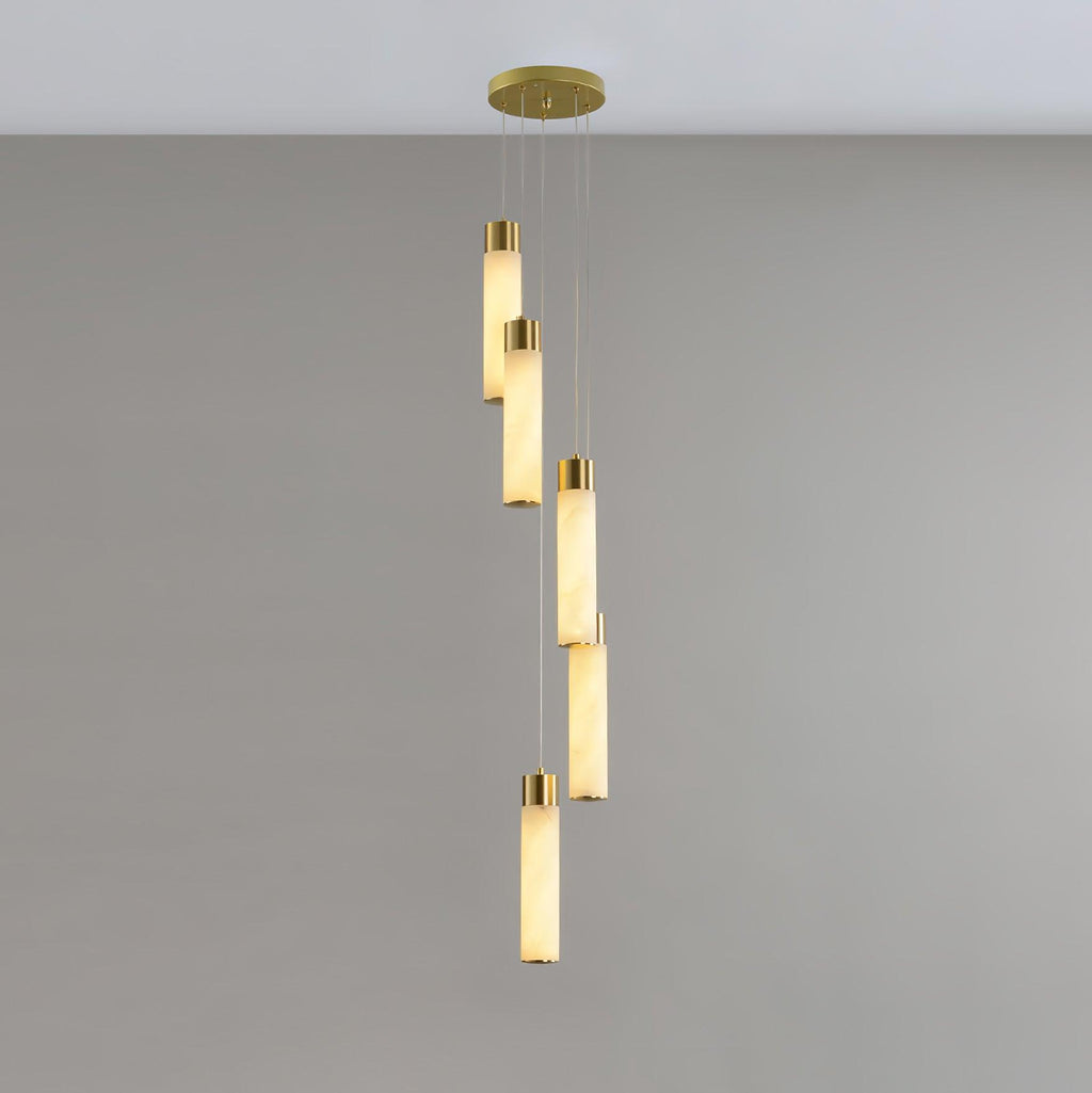 Compact five-light Aurelia with a long stagger, each alabaster tube capped in polished brass.