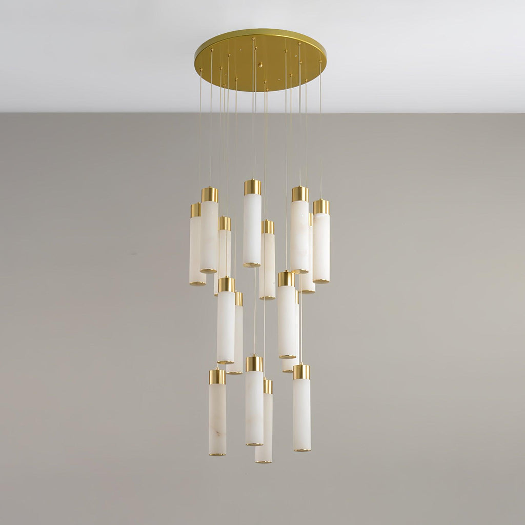 The Aurelia chandelier switched off, showing the cool white veining of the unlit alabaster tubes.