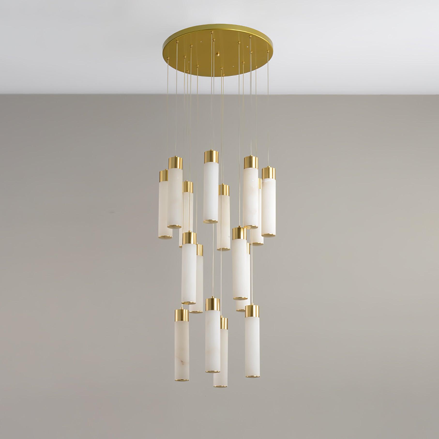 The Aurelia chandelier switched off, showing the cool white veining of the unlit alabaster tubes.
