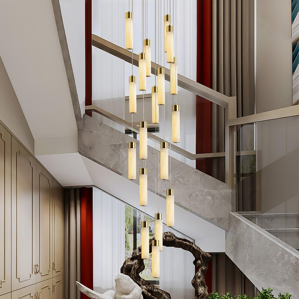 Lit in a marble stairwell with red drapes, the rods dropping the full height of the space.