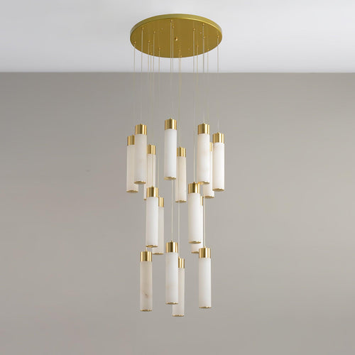 Unlit Aurelia chandelier on white, the alabaster reading cool and opaque without the lamps on.