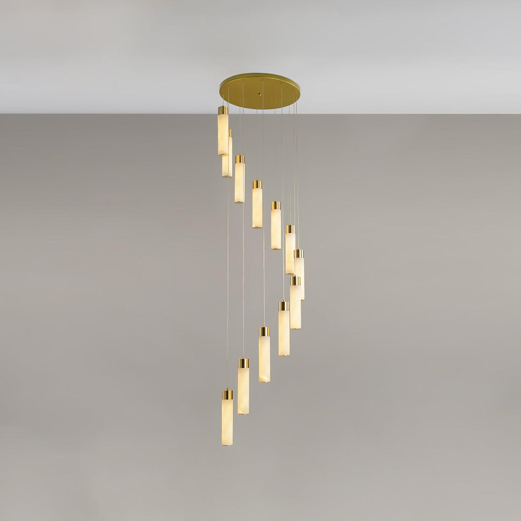 A twelve-rod arrangement falling in a deep spiral, the rods stepping down one by one.