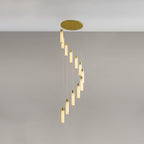A twelve-rod arrangement falling in a deep spiral, the rods stepping down one by one.