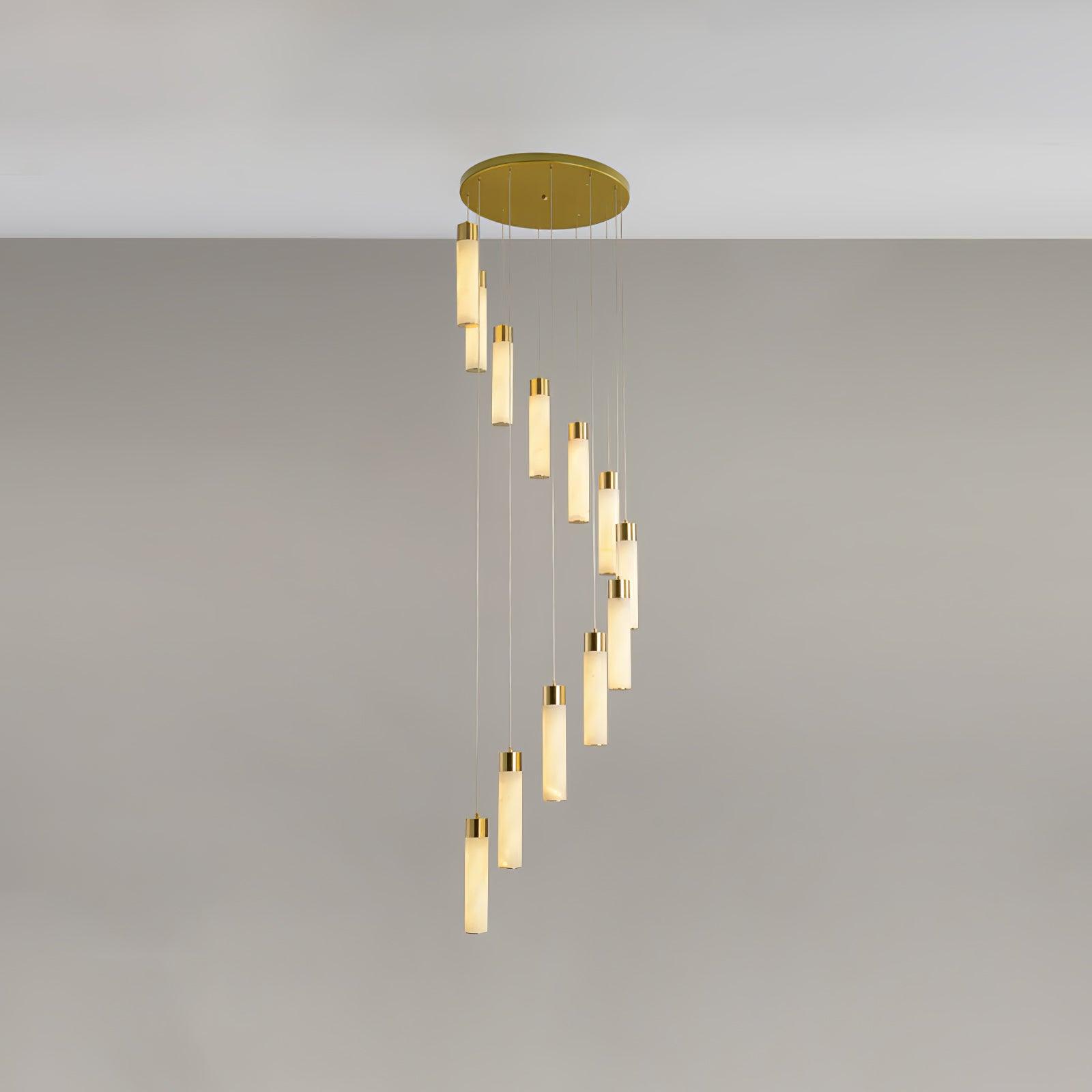 A twelve-rod arrangement falling in a deep spiral, the rods stepping down one by one.