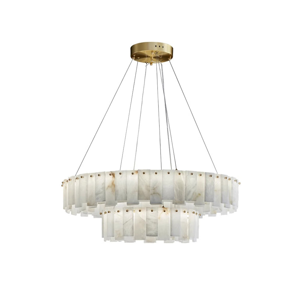 Aero round alabaster chandelier on a white background, seen slightly from below with both tiers visible