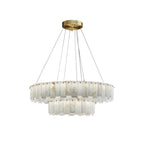 Aero round alabaster chandelier on a white background, seen slightly from below with both tiers visible