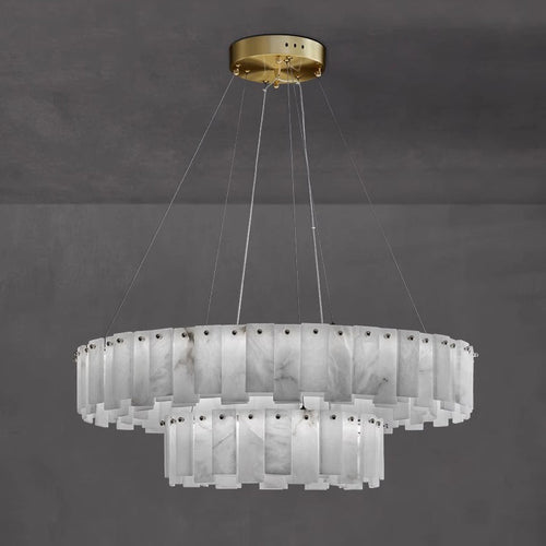 Aero round chandelier on a plain grey background, cool grey-veined alabaster panels held by metal studs
