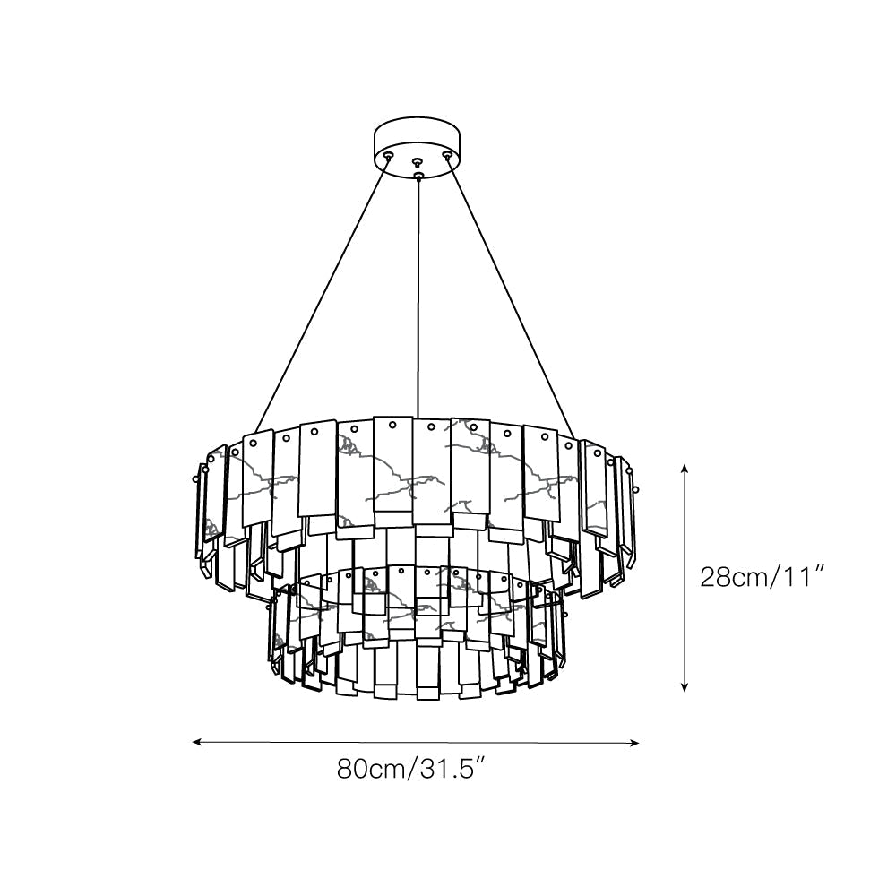 Dimension drawing for the round Aero chandelier showing 80 cm / 31.5 inch diameter and 28 cm / 11 inch height