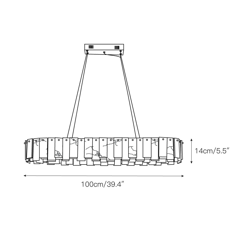 Dimension drawing for the long oval Aero chandelier showing 100 cm / 39.4 inch length and 14 cm / 5.5 inch height