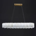 Long oval Aero chandelier viewed straight on, staggered alabaster panels forming a stepped lower edge