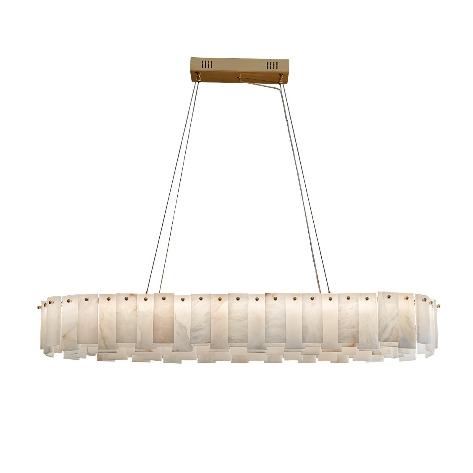 The long racetrack version on white, alabaster tiles running the full length of a brass bar.