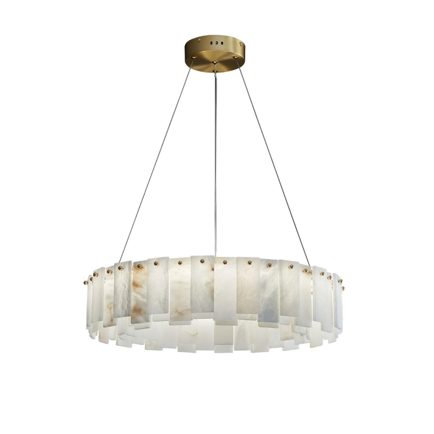 Round drum chandelier on white, stepped alabaster tiles set around a brass ring below the ceiling plate.