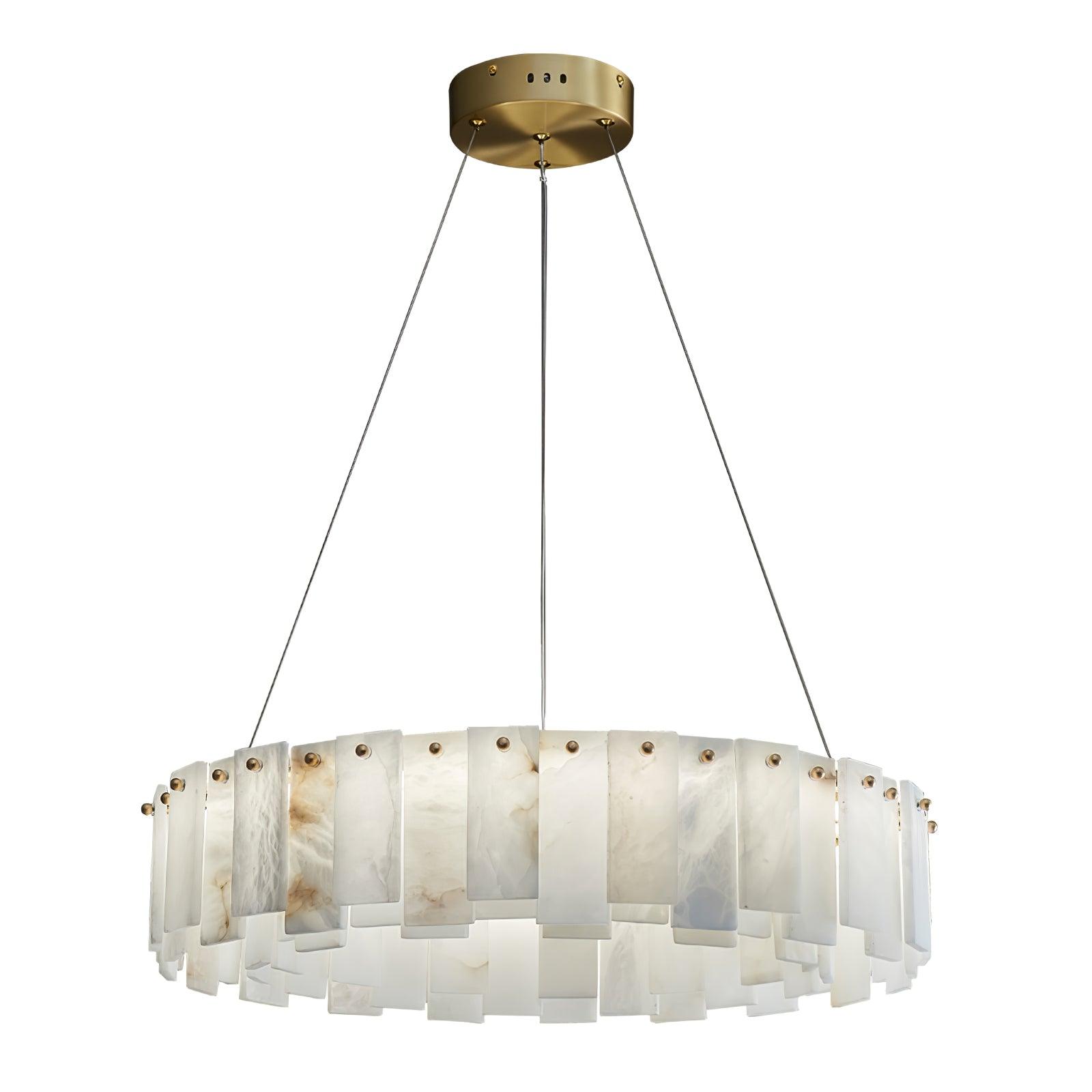 Angled view of the drum chandelier on white, showing the depth of the stepped tile rim.