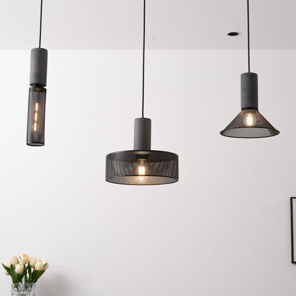 Tall cylinder cement mesh pendant light with black mesh cage