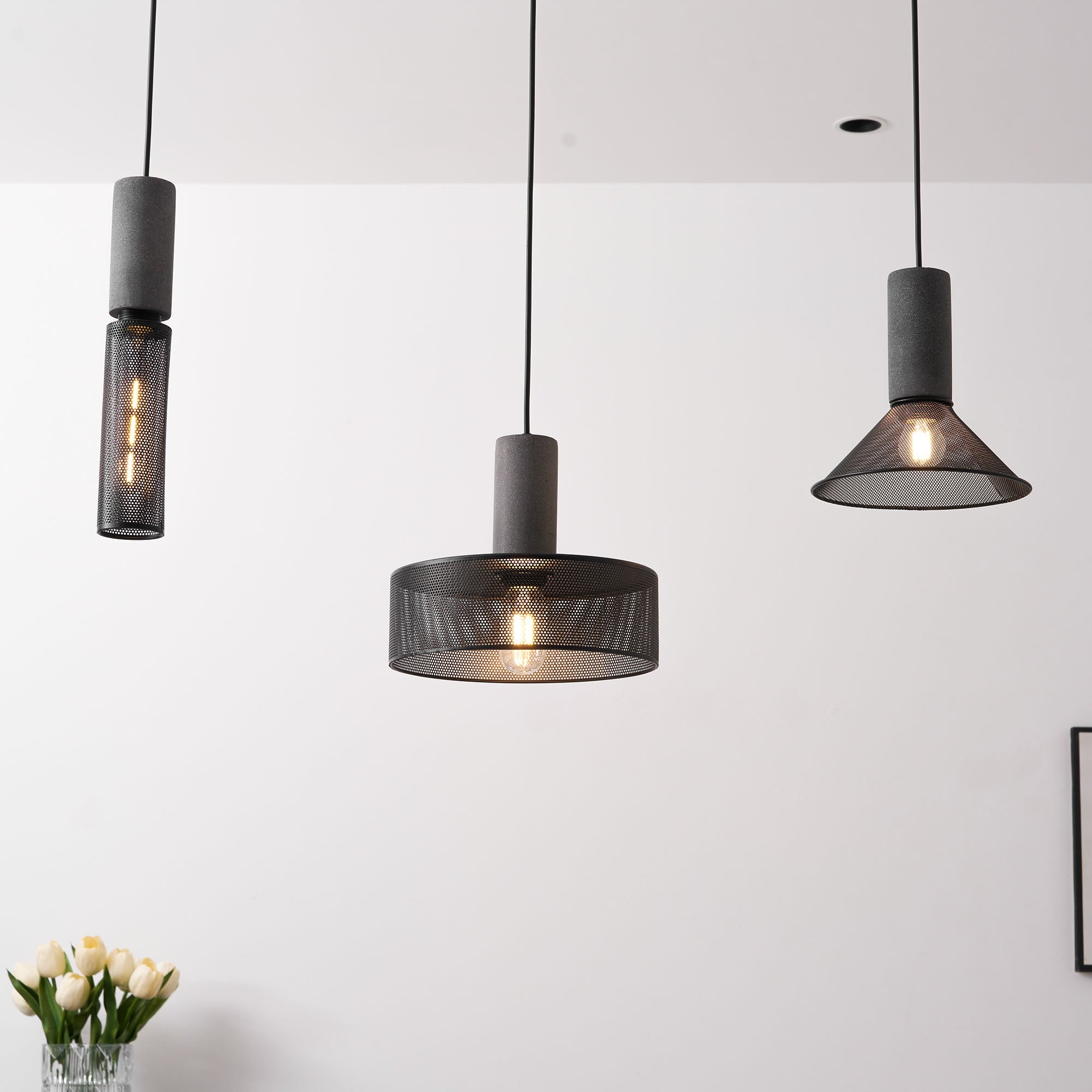 Tall cylinder cement mesh pendant light with black mesh cage