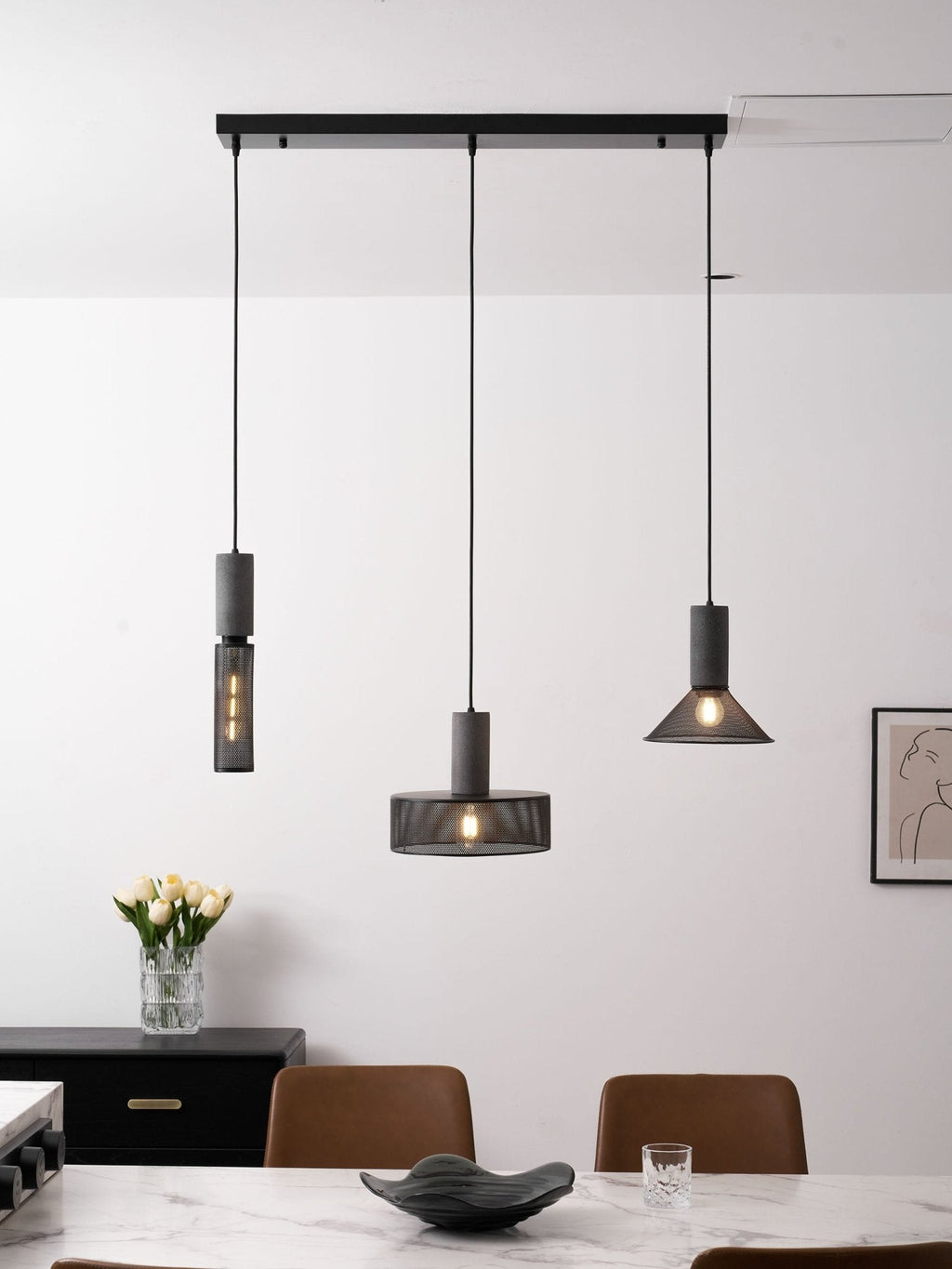 Wide dome cement mesh pendant light shown from the side