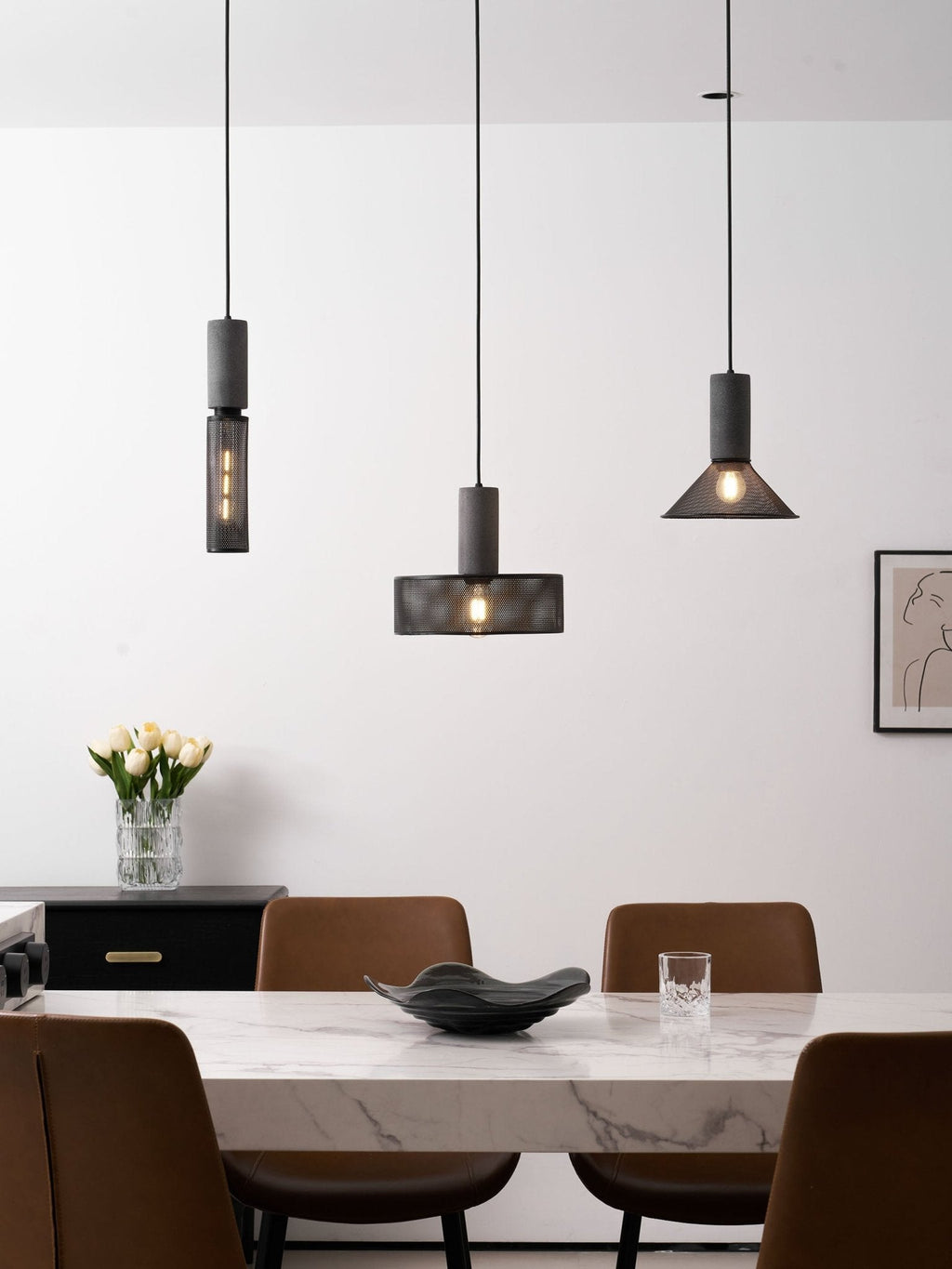 Cement mesh pendant light shape with broad black wire shade