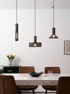 Cement mesh pendant light shape with broad black wire shade