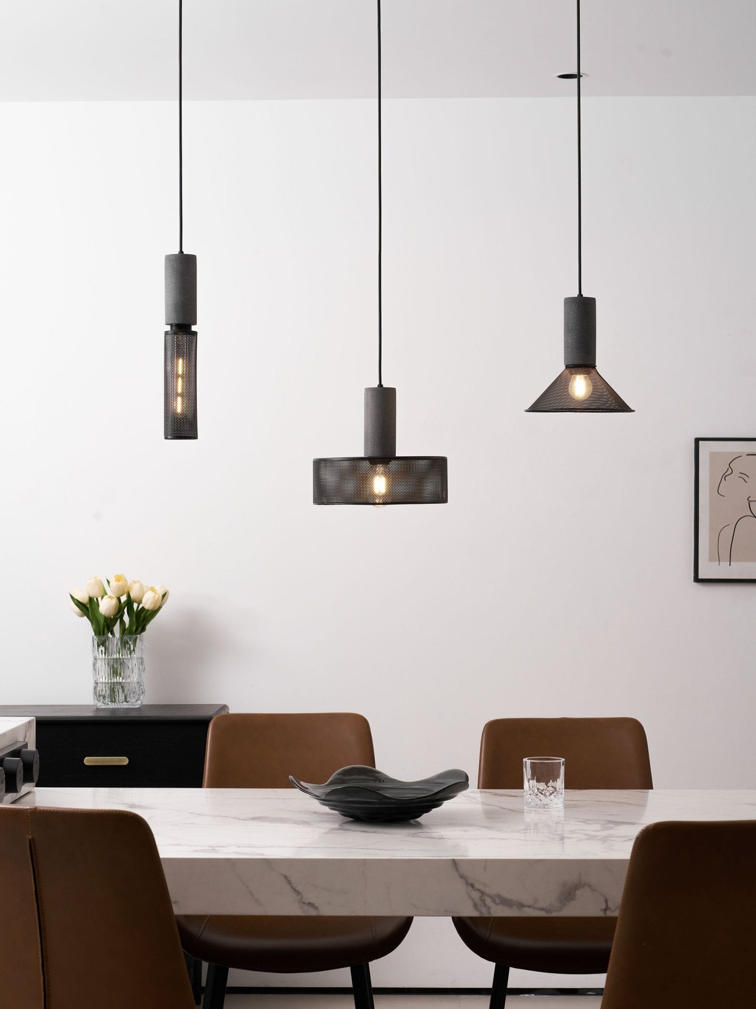 Cement mesh pendant light shape with broad black wire shade