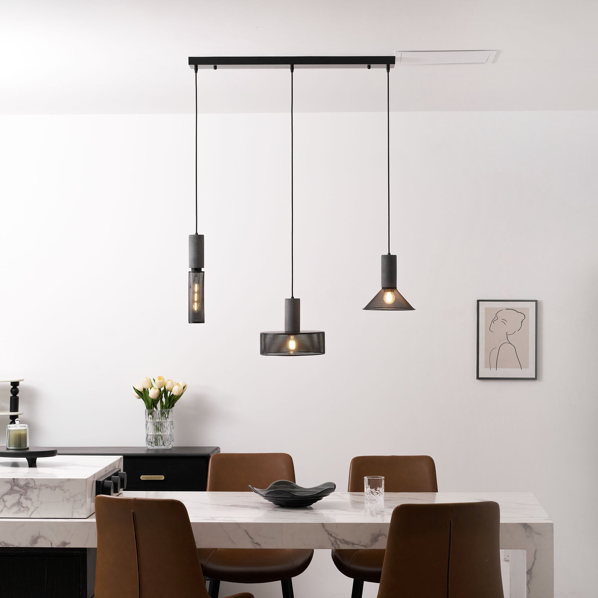 Wide bell cement mesh pendant light with black wire shade