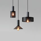 Cement and wire mesh pendant light close detail of the cement cap