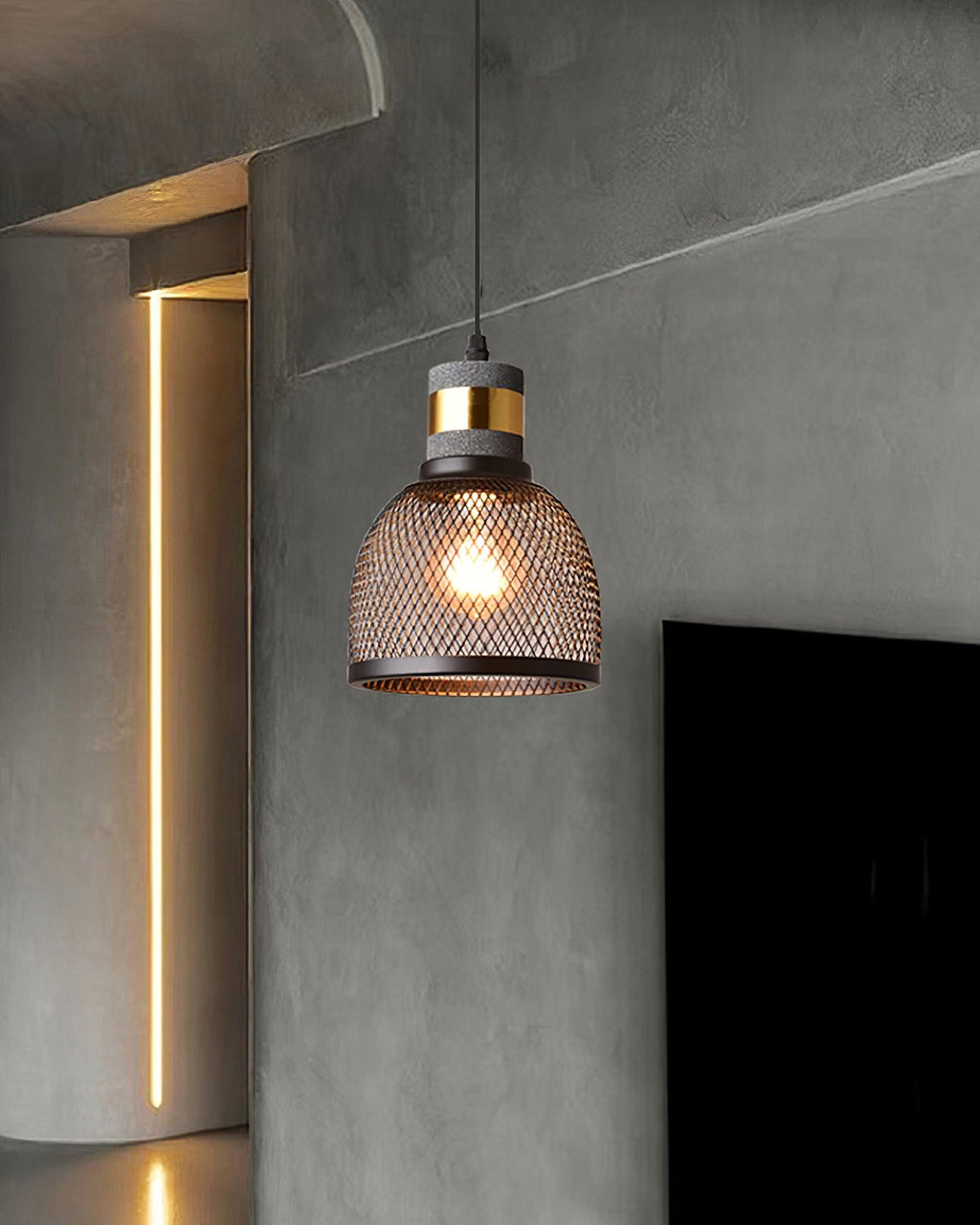 Industrial cement mesh pendant light hanging in a cafe