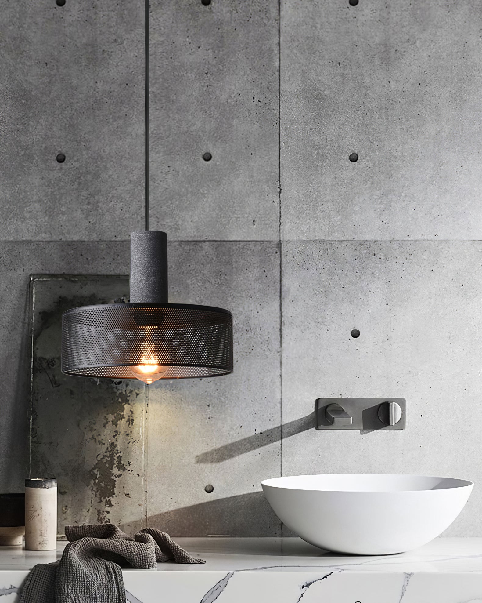Cementnetpendel, rå cementtop, sort trådkurv, E26/E27