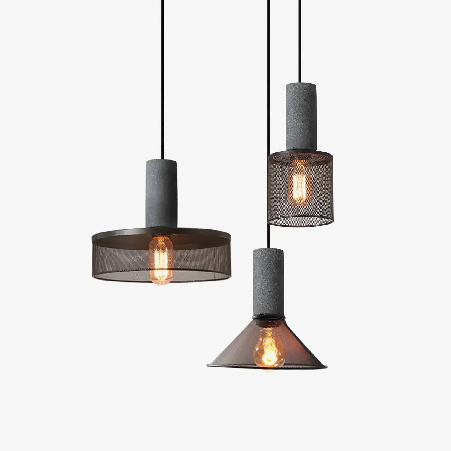 Cement mesh pendant light shade detail showing the wire cage