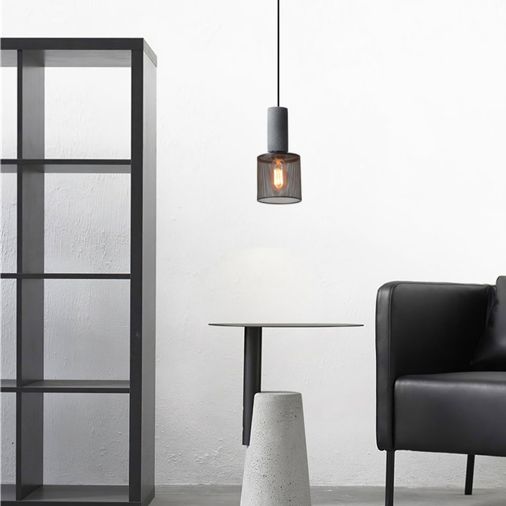 Cementnetpendel, rå cementtop, sort trådkurv, E26/E27
