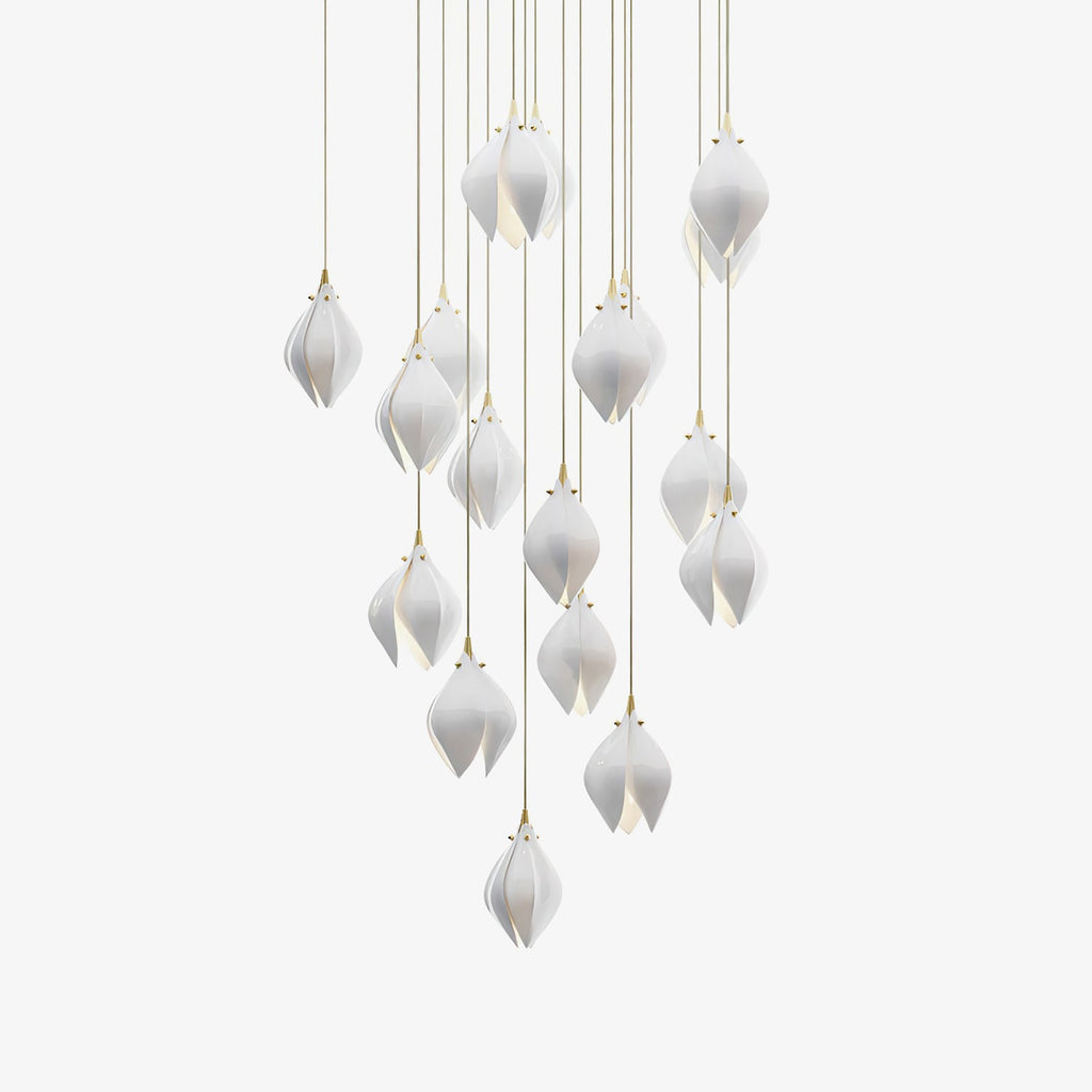 Ceramic flower pendant light glowing warmly in a styled interior