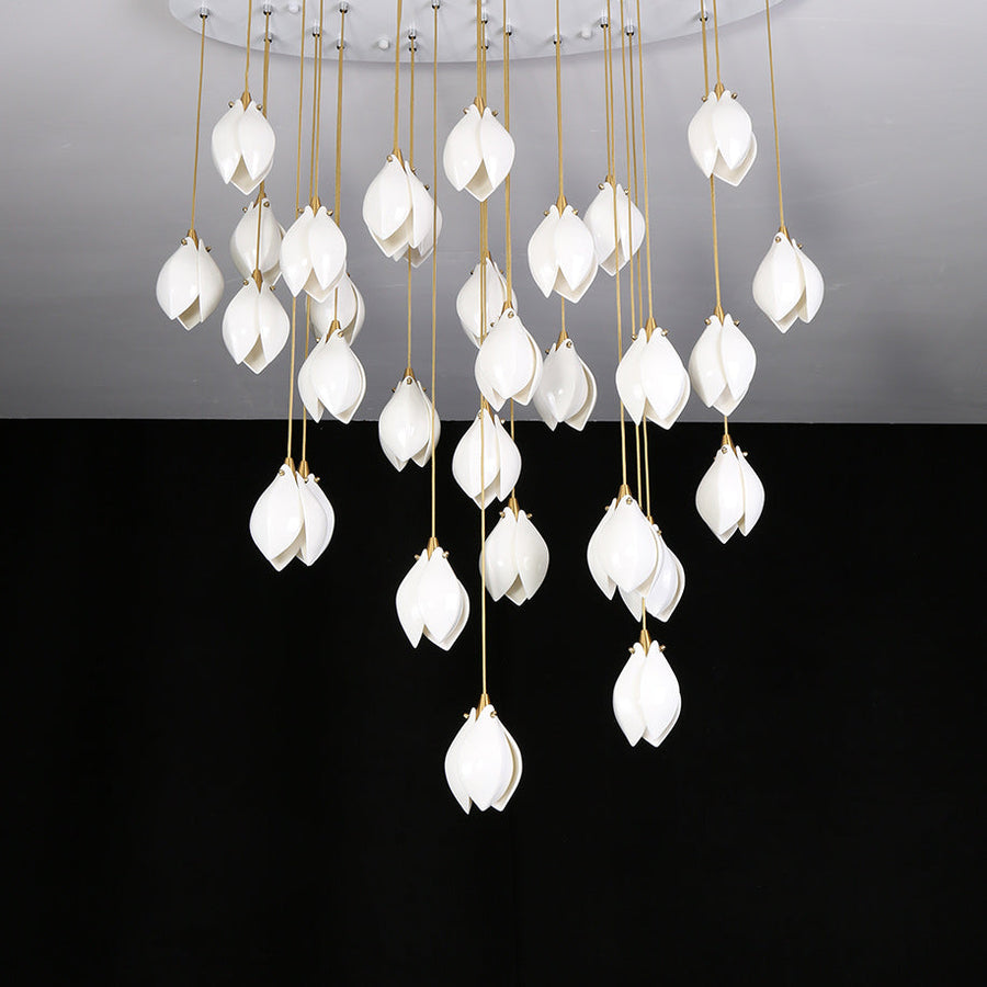 Pendant Light, Ceramic Flower Shades, Brass & White, G9 LED