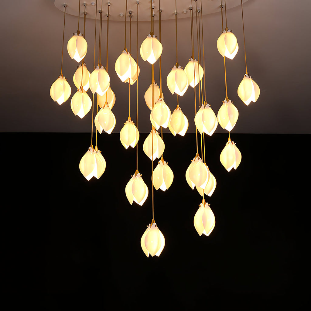Pendant Light, Ceramic Flower Shades, Brass & White, G9 LED