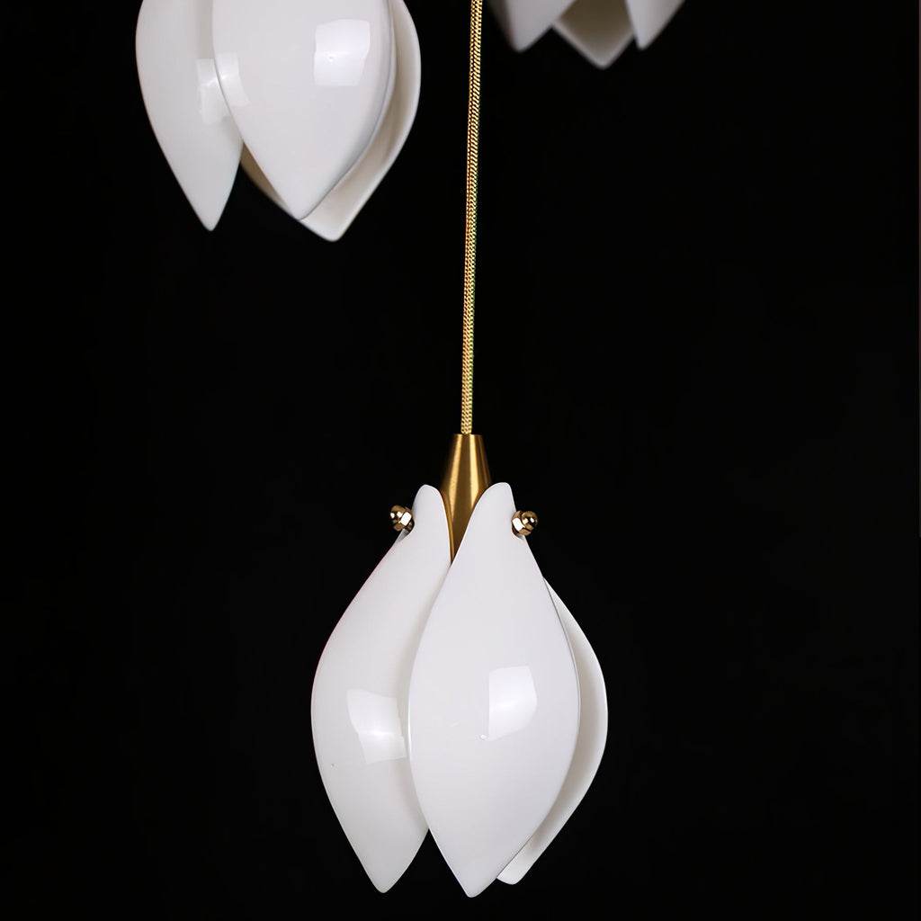 Pendant Light, Ceramic Flower Shades, Brass & White, G9 LED
