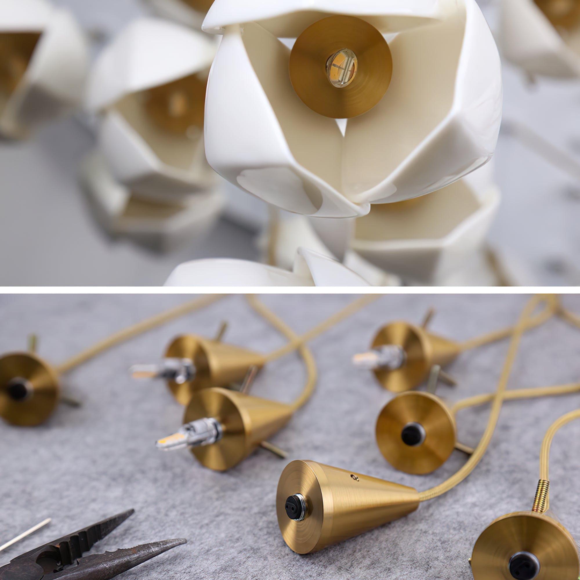 Pendant Light, Ceramic Flower Shades, Brass & White, G9 LED