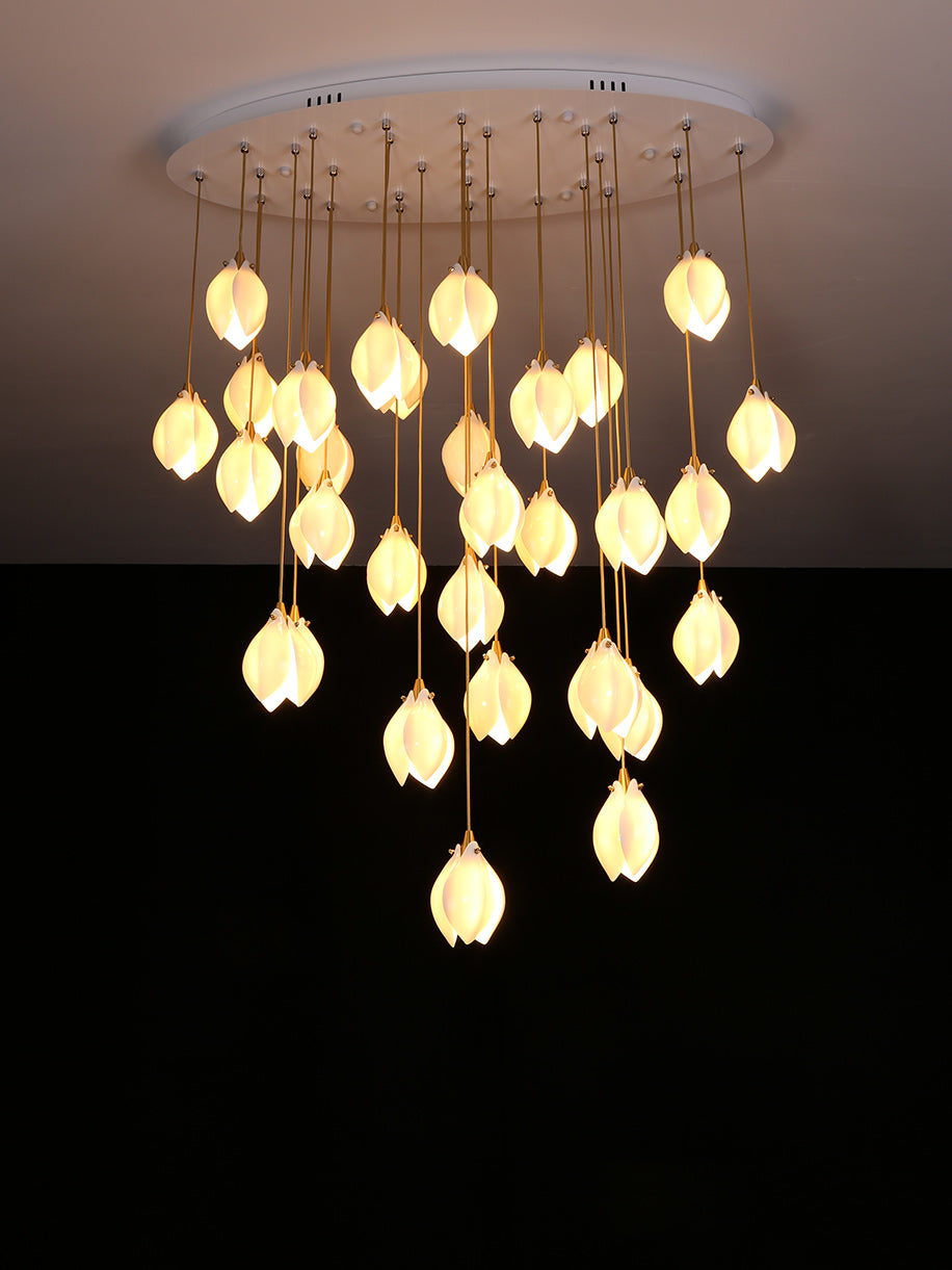 Pendant Light, Ceramic Flower Shades, Brass & White, G9 LED