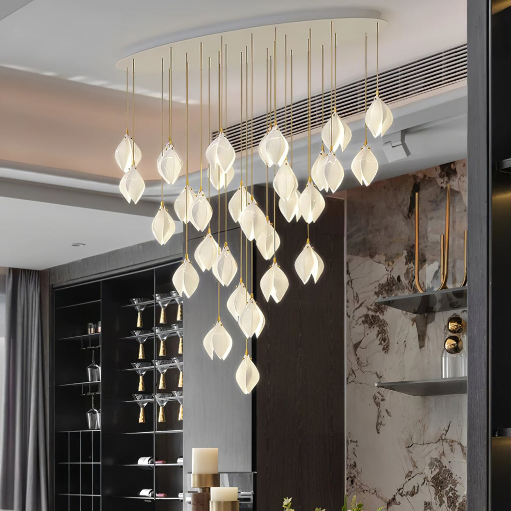 White ceramic bloom pendant light edited view with brass accents