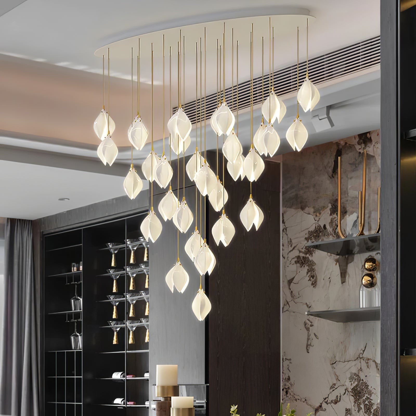 White ceramic bloom pendant light edited view with brass accents