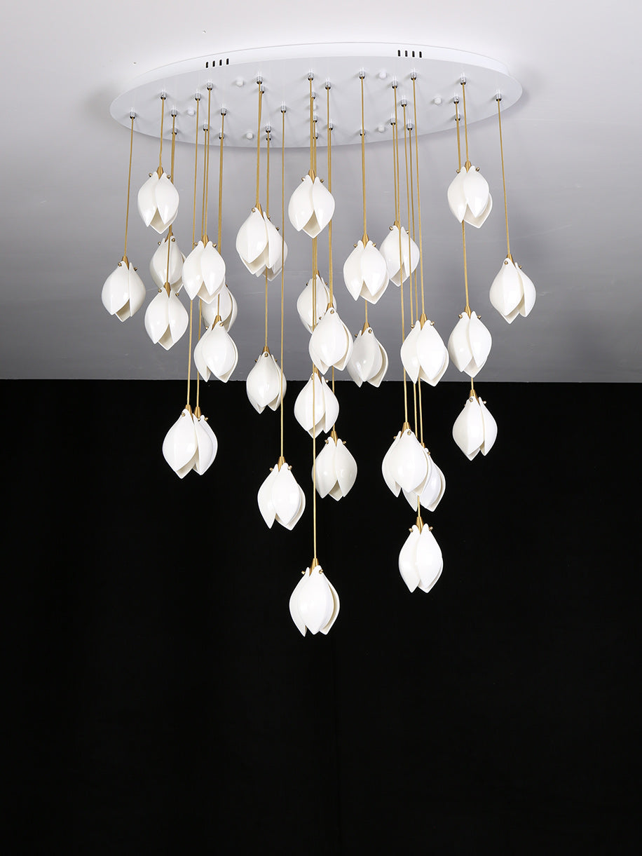 Pendant Light, Ceramic Flower Shades, Brass & White, G9 LED